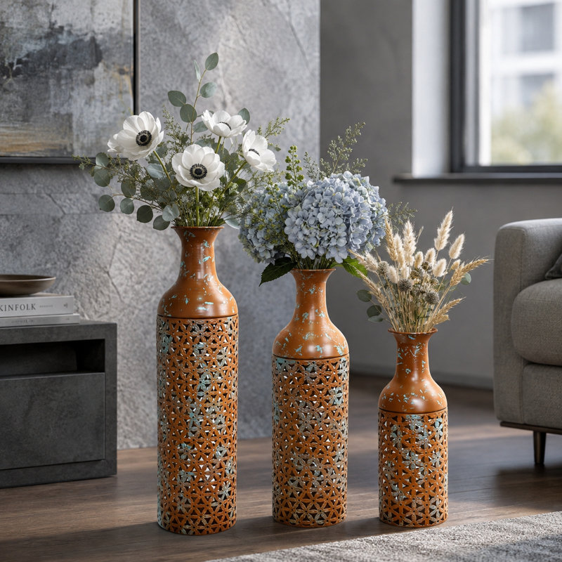 Ensemble de 3 vases de plancher en métal brun rustique, ensemble de grands vases gigognes avec découpes florales