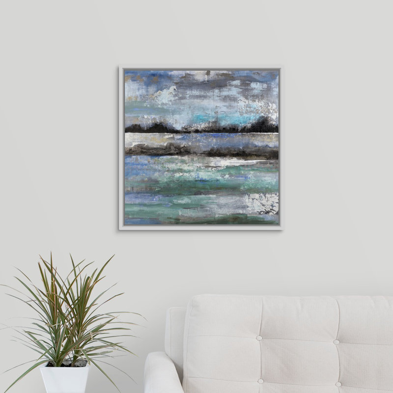 « lake ile », peinture sur toile, H 21,7 po x l 21,7 po x P 1,75 po, Cadre flottant blanc