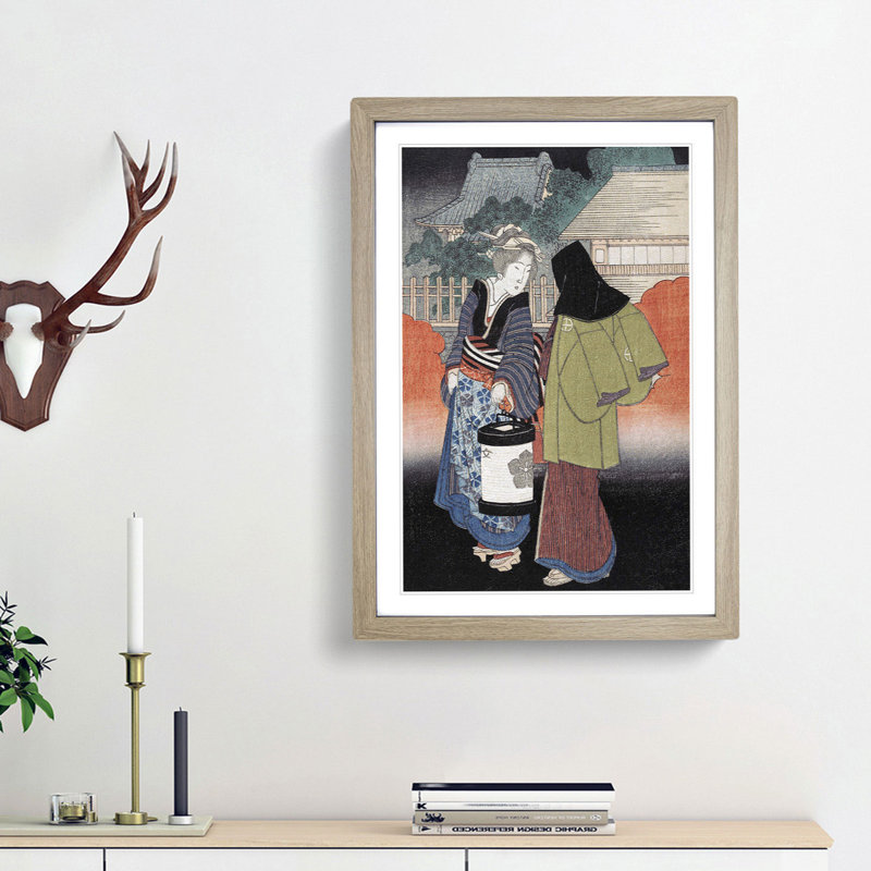 Night Scene by Yashima Gakutei - Picture Frame Painting Print, 36cm H x 27cm W x 2cm D, Oak Framed