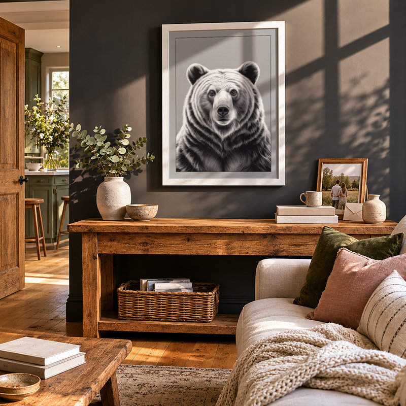 Bear's Direct Gaze Modern - Framed Print, A2 - 59.4 x 42.0 cm, White
