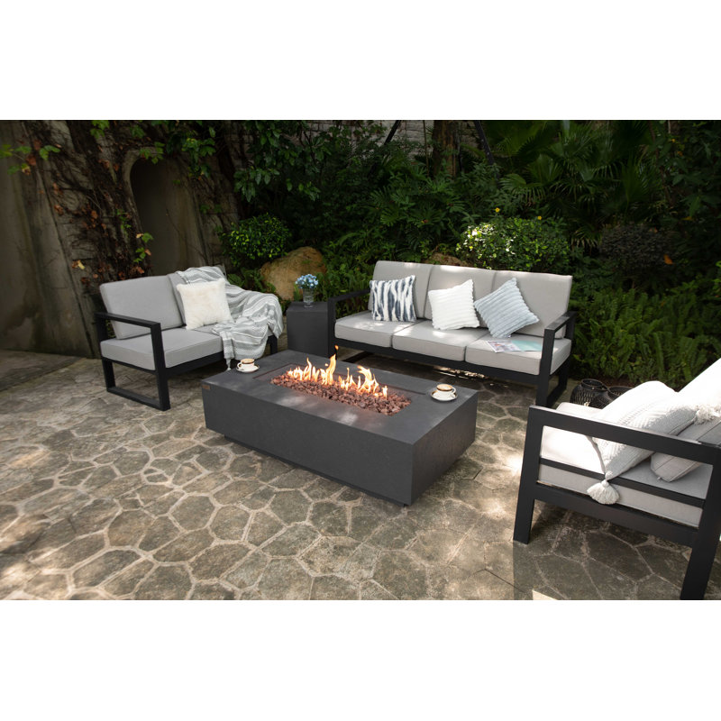 Madison 60" Travertine Propane Fire Pit Table with Wind Guard, Burner Lid, & Tank Cover, Dark Gray