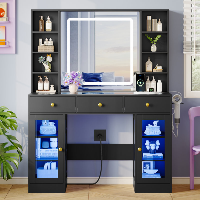 Meuble-lavabo avec lumières RVB, plateau en verre, miroir éclairé et séchoir à cheveux intégré, table de maquillage blanche tout-en-un avec tiroirs et tablettes