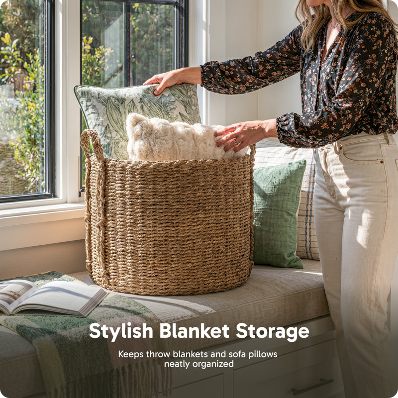 Hand-Woven Natural Bulrush Storage Basket with Braided Handles