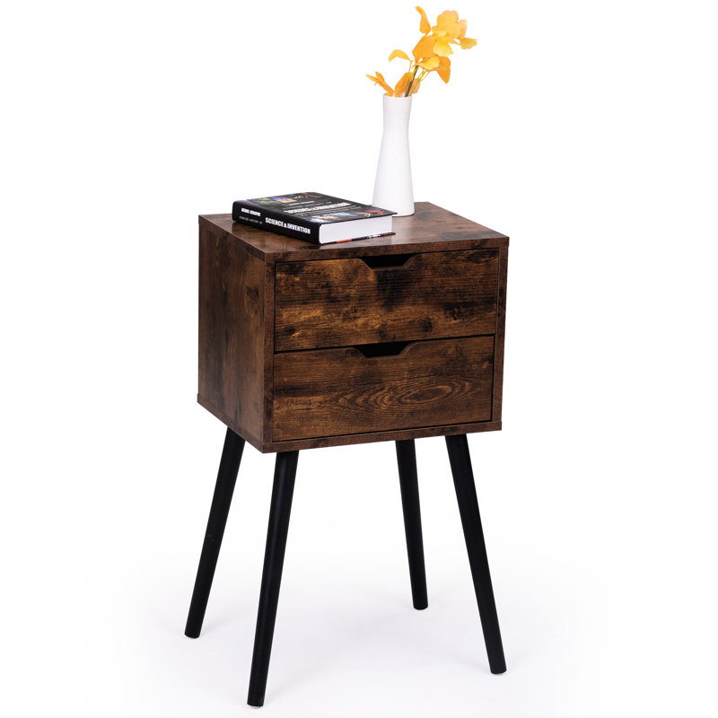 Table de chevet rustique brune avec tiroirs de rangement - Pieds en bois massif, pour la chambre à coucher et le salon