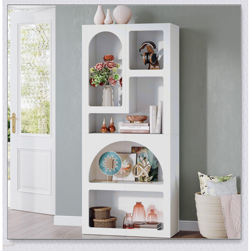 Bibliothèque haute géométrique arquée à 5 tablettes pour la vie moderne, le bureau et la chambre à coucher