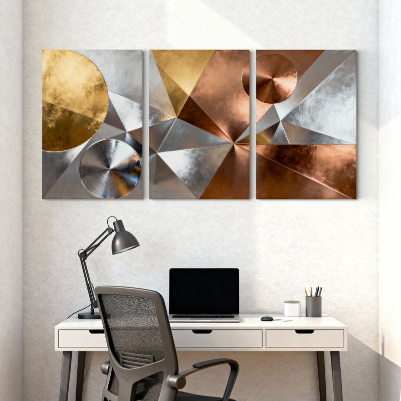 «Geometric Metal Circles and Triangles», art abstrait sur toile tendue sur toile, ensemble de 3, H 36 po x l 72 po