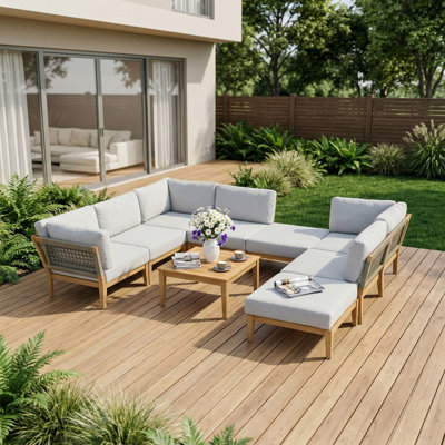 Rosanne 9-Piece Teak Outdoor Modular Conversation Set with Cushions