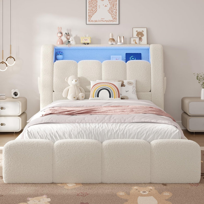 Structure de lit plateforme simple rembourrée en molleton avec tête de lit à lumière RVB, station de charge USB-C intégrée et poche de rangement latérale, lit moelleux à bulles, aucun sommier nécessaire