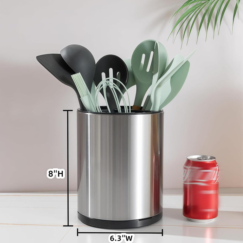 Extra Large 360° Rotating Stainless Steel Utensil Holder - 3-Compartment Grey Counter Caddy, Silver