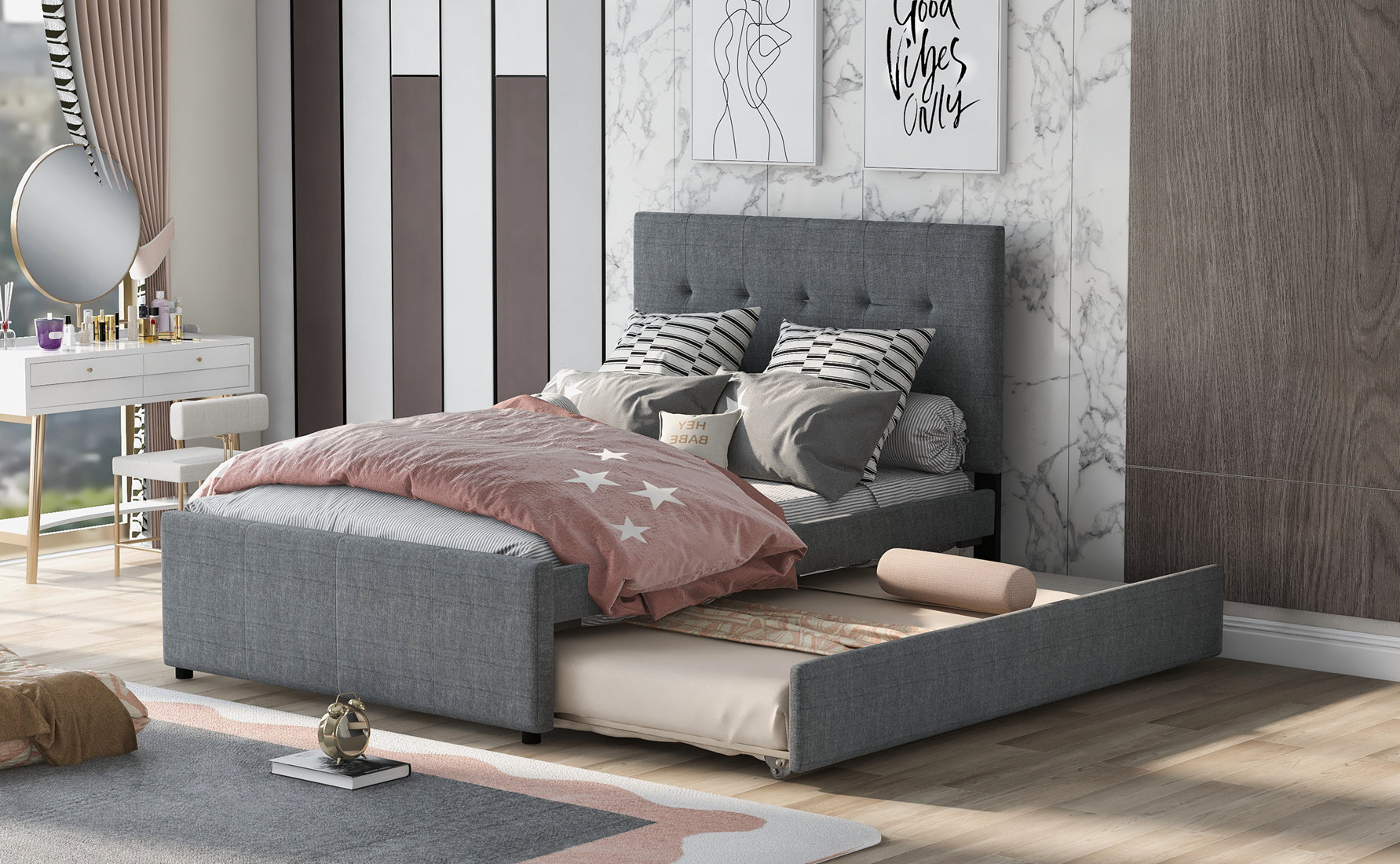 Linen Upholstered Platform Bed with Headboard and Trundle - Full