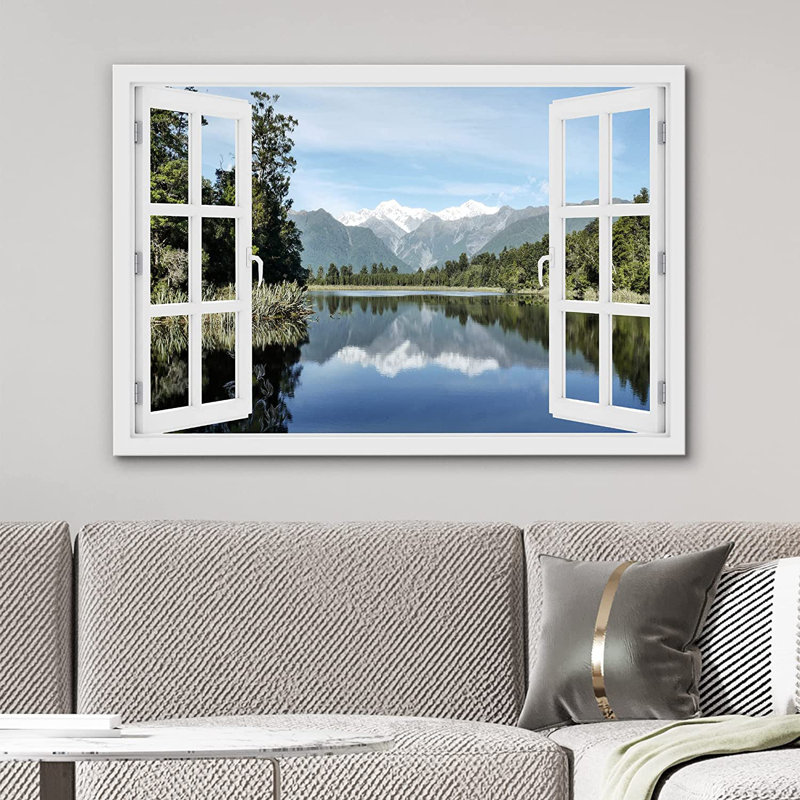 Window Scenery " Summer Mountain Forest Lake ", 36" W x 24" H