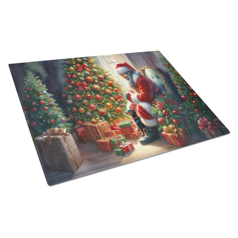 Miniature Pinscher and Santa Claus Glass Cutting Board
