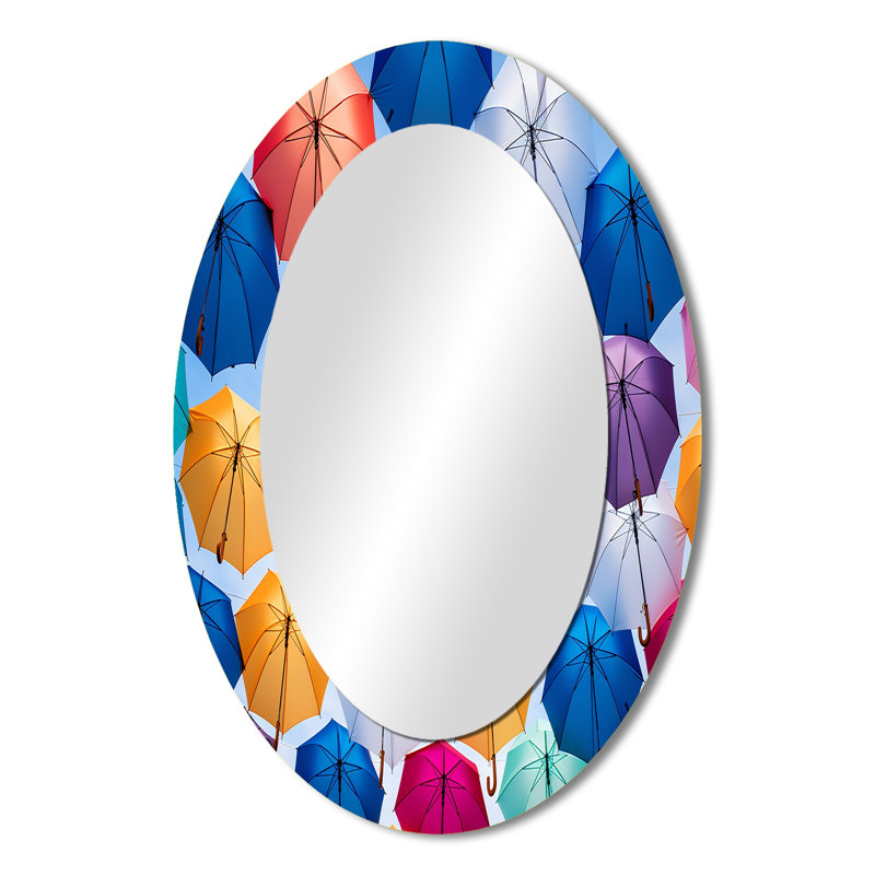 Sky Full Of Colorful Umbrellas I - Multi-Color Oval Wall Mirror Decor, 36" H x 24" W