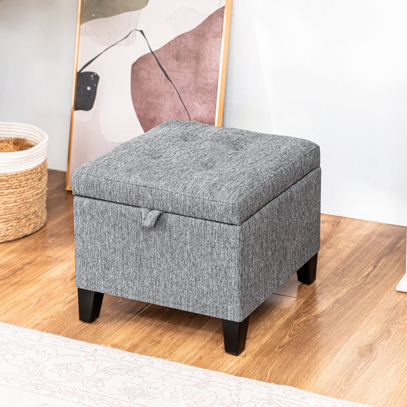Kays 17.7" Wide Tufted Square Storage Ottoman, Gray Linen Blend, Black