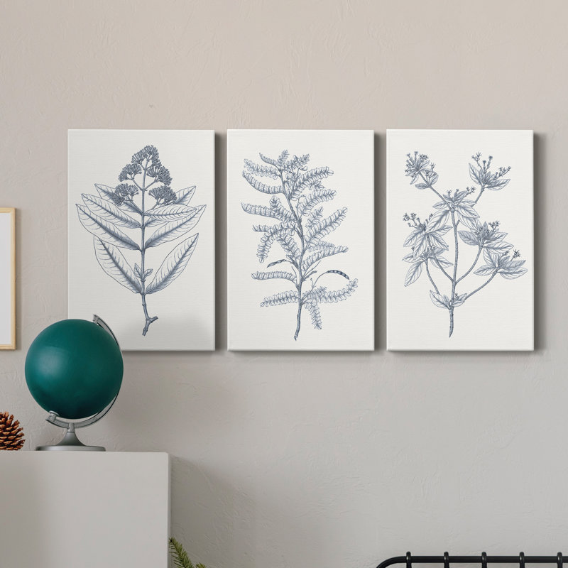 Indigo Botany Study I - Ensemble de 3 toiles tendues, H 36 po x l 24 po x P 1 po
