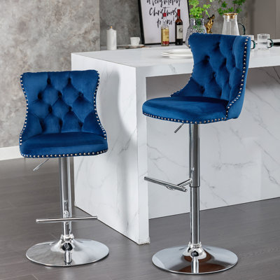 Tabourets de bar pivotants en velours à hauteur de siège réglable de 25 à 33 pouces, tabourets de bar à base chromée avec dossier capitonné confortable pour un pub à domicile et un îlot de cuisine, ensemble de 2, AS1712BL, bleu