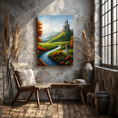 Toile, paysage d'automne fantaisiste mettant en vedette une jeune fille dans un art mural, robe bleu clair et bonnet rouge debout sur une toile