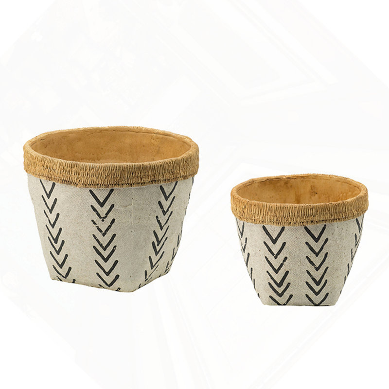 Set Of 2 White And Brown Cement Planters With V Pattern, L:D10x8"  S:D8x6.5"