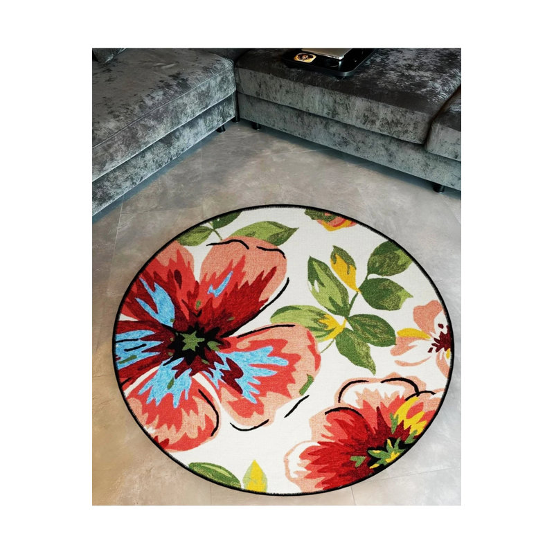 Beige Multicolored Flower And Leaf Detailed Woven Base Modern Decorative Carpet, Round 5'