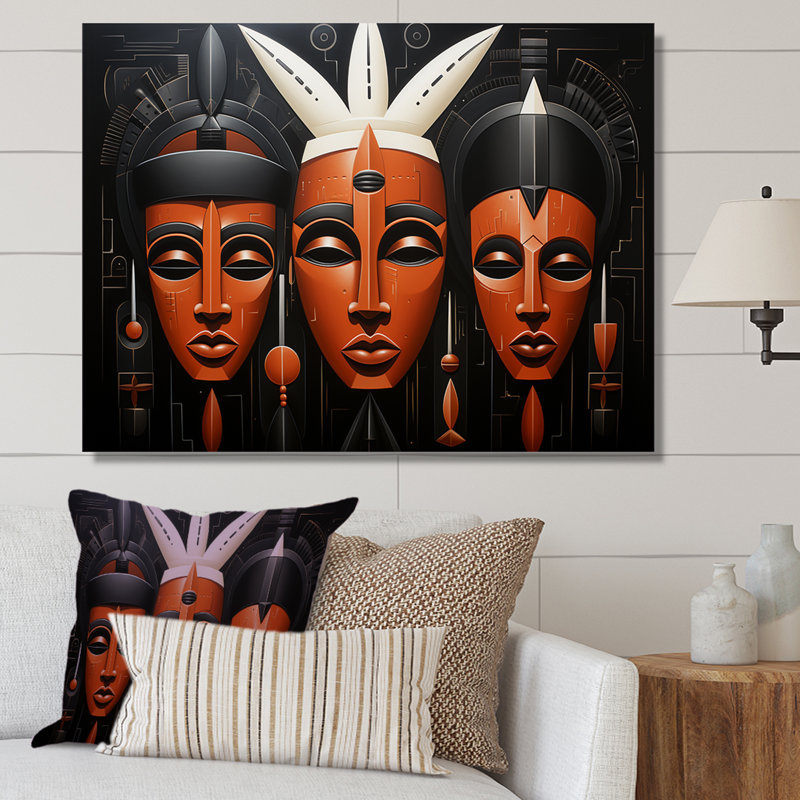 Masque africain noir et orange Kuba, Toile tendue, H 30 po x l 40 po x P 1,5 po
