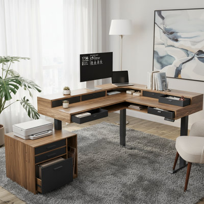 Bureau debout électrique en L de 65,5 po x 57,6 po avec 6 tiroirs de rangement et une armoire de rangement, un bureau de coin assis-debout à deux niveaux, un plateau multiprise et une gestion des câbles, une table de jeu à hauteur réglable