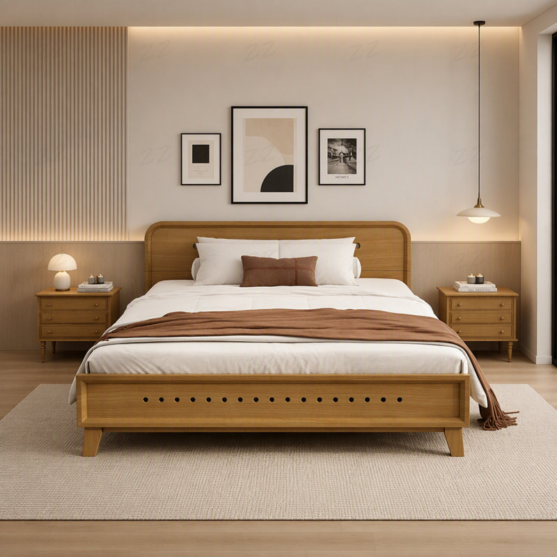 Grand lit en bois de pin massif, solide et stable, sans sommier, Brun, Queen