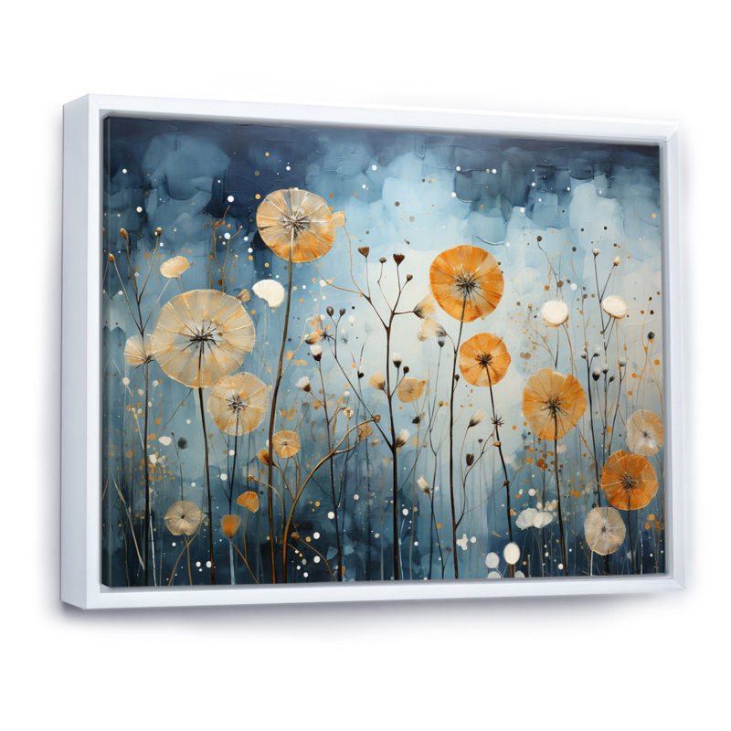 Blue Dandelion Floral Symphony VI - Floral Wall Art Living Room, H 30 po x l 40 po x P 1,5 po, Cadre flottant blanc