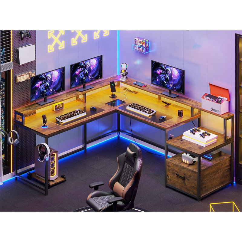 Bureau en L Molineux avec prises intégrées, Brun