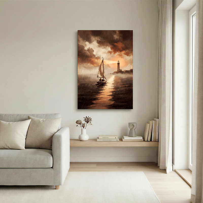 Toile sépia s'approchant du phare sous la pluie, H 30 po x l 20 po