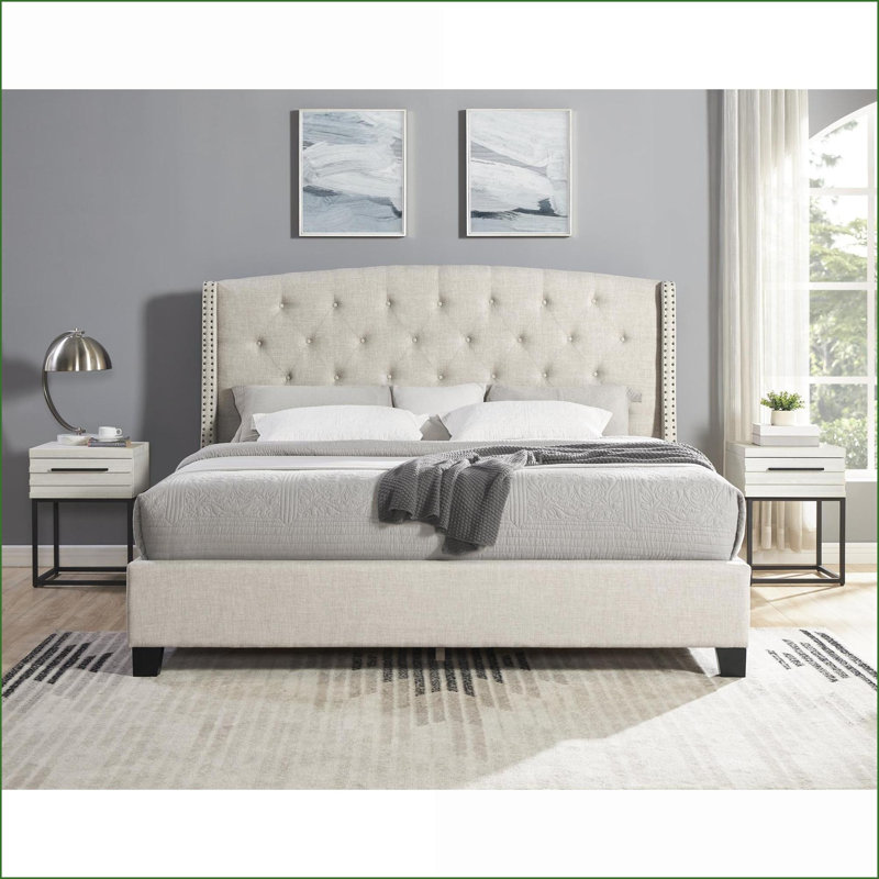 Ensemble de mobilier de chambre à coucher, lit à oreilles capitonné 3 pièces avec 2 tables de chevet ivoire, très grand / grand | Bois d'ingénierie | Lits à oreilles