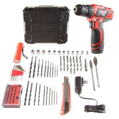 Stalwart 75 Pc Cordless Drill and Accessories Set – Tool Kit with Drill, 12V Lithium-Ion Battery, LED Flashlight, Boxcutter, and Case