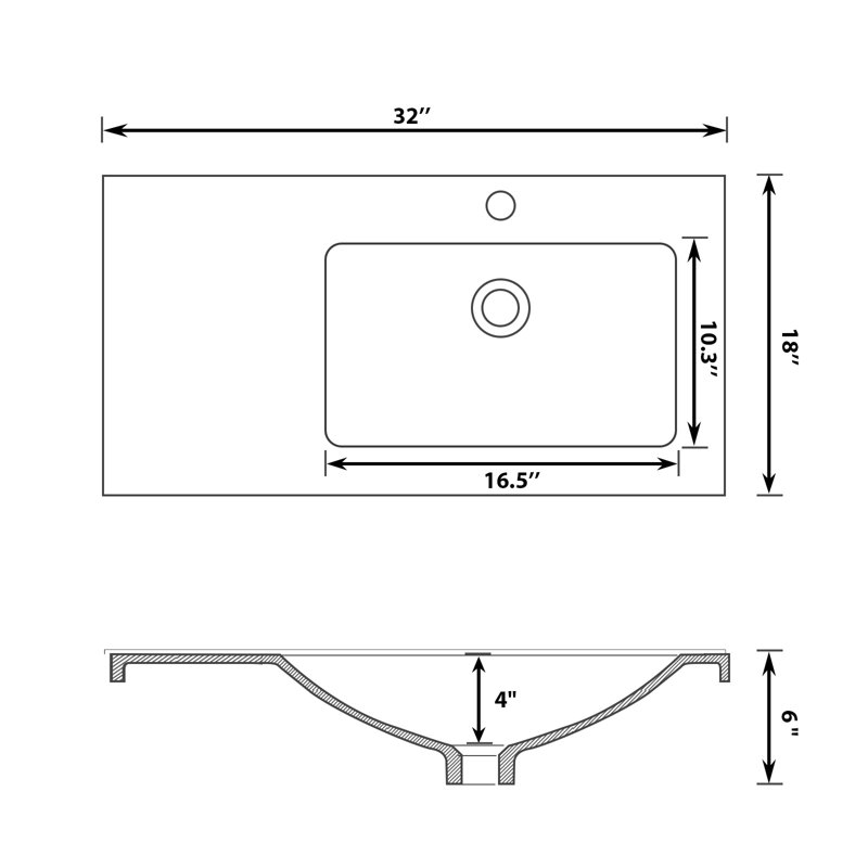 Lavabo de salle de bain 32 po x 18 po en céramique avec lavabo simple en porcelaine