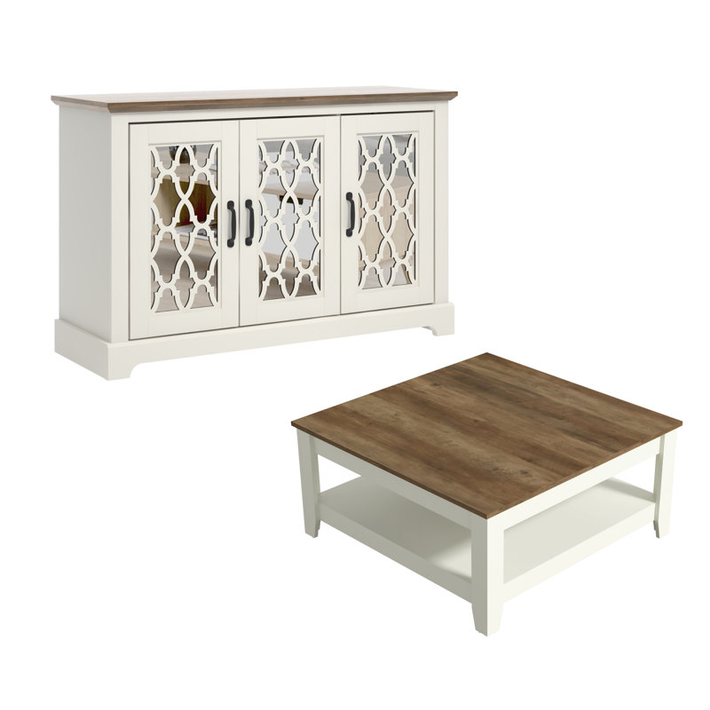 Weddel Basilico 2 Piece Transitional Coordinated Living Room Set, Ivory, Knotty Oak