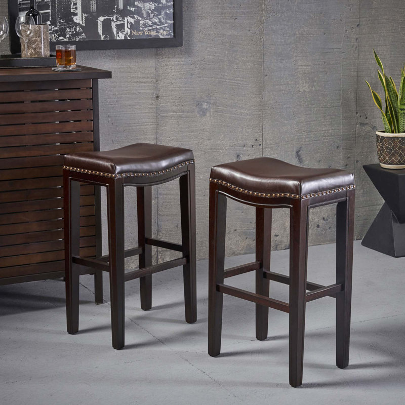 Tabouret de bar en bois massif de conception classique, coussin confortable avec garniture cloutée élégante