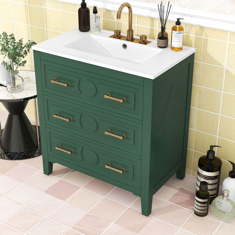 Meuble-lavabo autoportant avec lavabo en céramique et 3 tiroirs, Vert