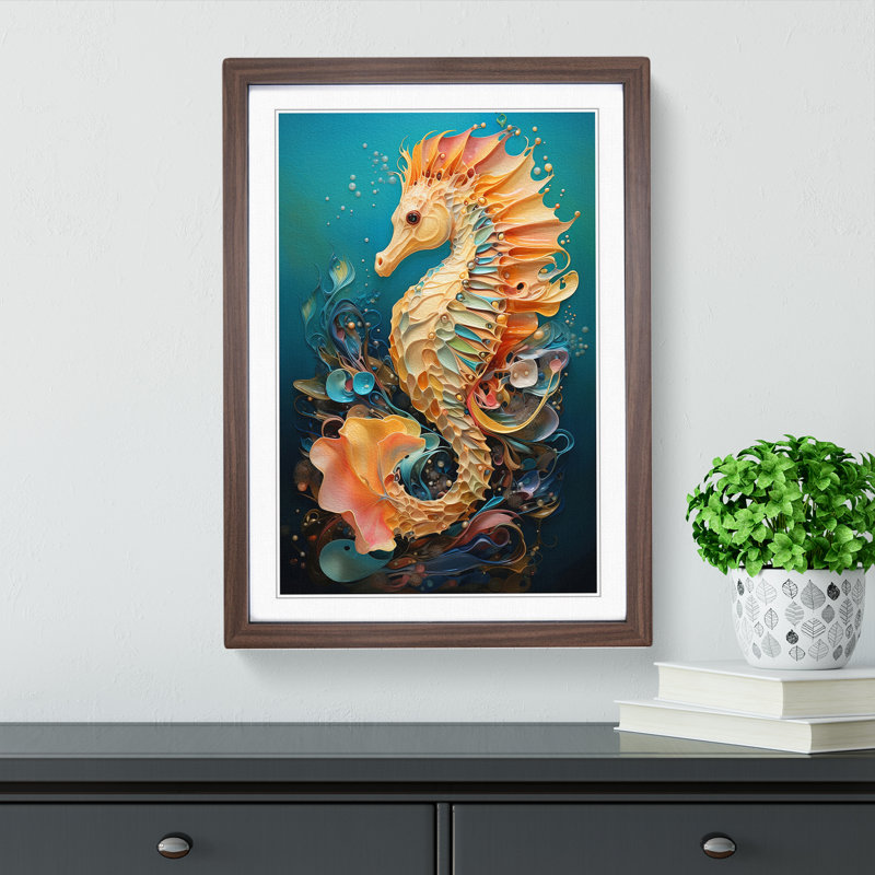 Seahorse Contemporary No.2 - Single Picture Frame Print on Wood, Walnut, 46cm H x 34cm W x 2cm D