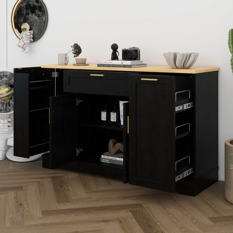 Kitchen Storage Sideboard, Extendable Dining Table, Adjustable Shelves, 3-Tier Pull-Out Rack, Black