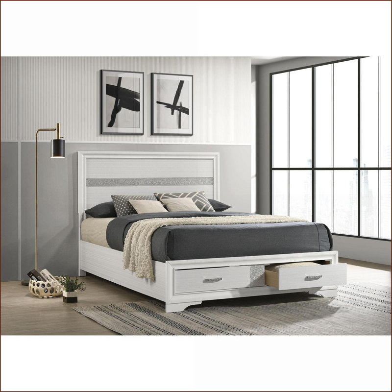 Cadre de lit grand avec rangement en bois franc asiatique avec tiroirs, grand - pour chambre principale ou chambre d'amis