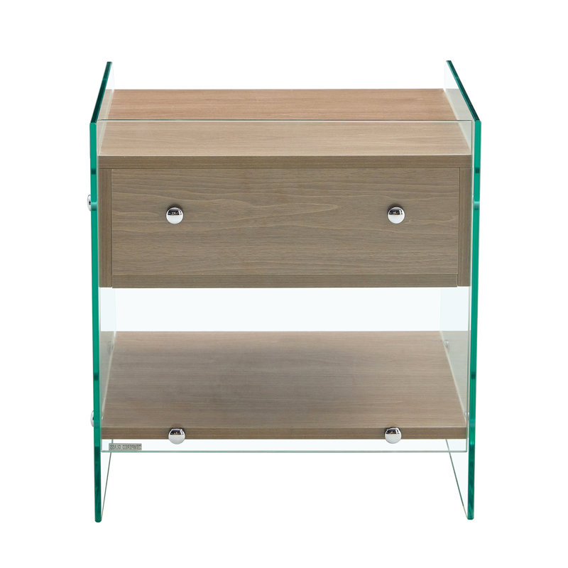 Drawer nightstand: mdf surface with stickers, tempered glass sides, sleek design, efficient storage for bedroom (108 characters)