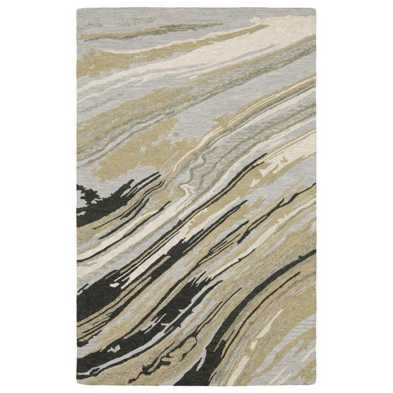 Renli Hand-made Wool Abstract Layers Grey/ Golden Tan Area Rug, Rectangle 8' x 10'