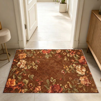 Tapis à motif floral brun rétro pour le salon, doux et confortable, convient à toutes les saisons, facile à entretenir, tapis de sol intérieur lavable à la machine, sous la table de ferme convenant à la chambre à coucher, à la salle à manger, au bureau, au balcon, au patio