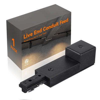 H-Type Track Lighting Live End Feed Connector, 1/2" Conduit Feed, 3-Wire-1 Circuit Track, Black