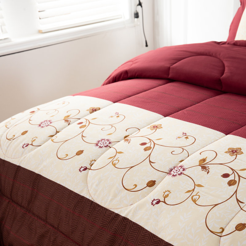 Marina Decoration Home Decor Bedding Comforters Bedroom Duvet Soft Luxury Fluffy Goose Down Alternative Plush Boho 3 Piece Printed Comforter Set, Modern Burgundy Cosmos Floral Pattern King Size