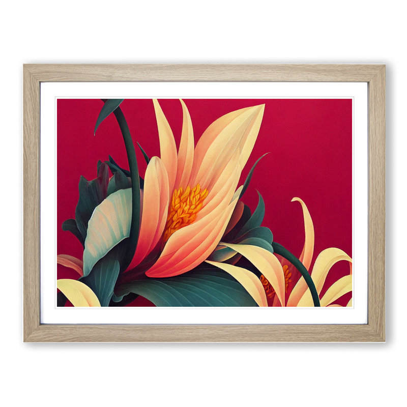 Beaming Flowers Art Deco - Framed Print, 25cm H x 34cm W x 2cm D, Oak