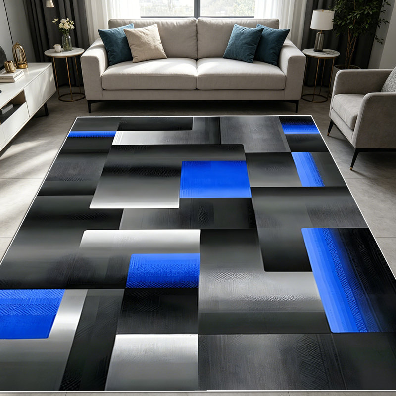 1PC Geometric Abstract Black Blue Silver 3D Block Modern area rugs for Living Room, Soft and Comfortable, Suitable for all seasons, easy-to-maintain, machine washable Indoor floor mat, Under Table Farmhouse suitable for dining table area, bedroom