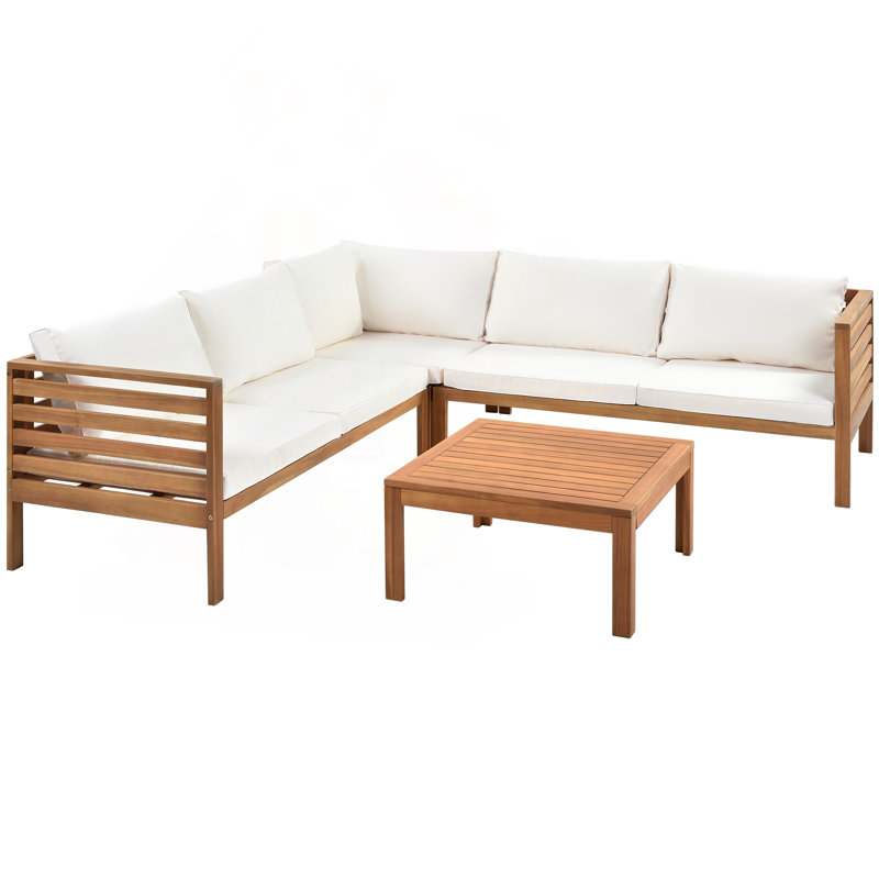 Ensemble de 5 canapés d'extérieur de style japonais avec structure en bois d'acacia et coussins résistants aux intempéries
