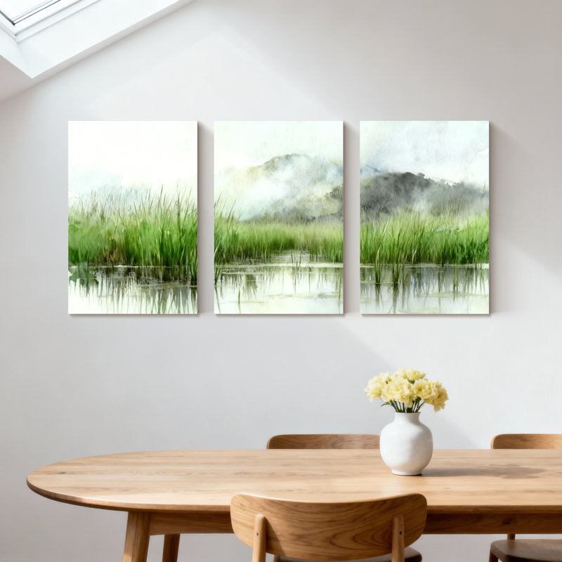 Hiver forêt brumeux, marais, paysage, eau, reflet, herbe verte, ensemble de 3 impressions sur toile, H 18 po x l 36 po