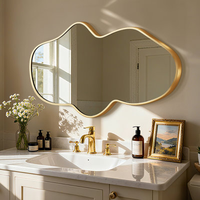 Modern Irregular Wall Mirror, Large Decorative Asymmetrical Vanity Mirror With Metal Frame For Bathroom, Bedroom, Living Room Or Entryway