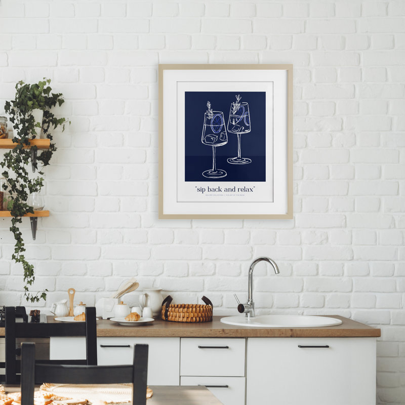 Sit Back & Relax Blue Framed Print Under Glass, design by Lettered and Lined, Harvest Pine Frame, 21" H x 17" W