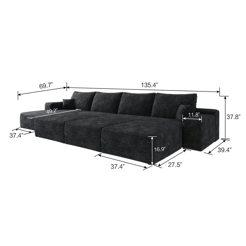 Canapé modulaire Boneless, Velours côtelé noir, Orienté à gauche (vu de face)